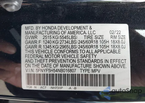 2022 Honda Pilot 2Wd Ex-L z USA, uszkodzony, nr VIN 5FNYF5H54NB016807